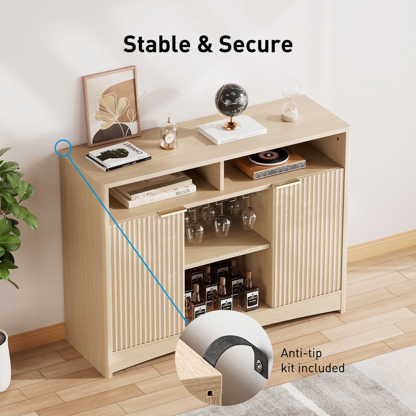 CHITOOMA Modern Coffee Bar Cabinet with Wine Glass Rack, Fluted Buffet Sideboard with Adjustable Storage Shelves and Doors, Liquor Bar Table for Dining Room or Living Room, Natural