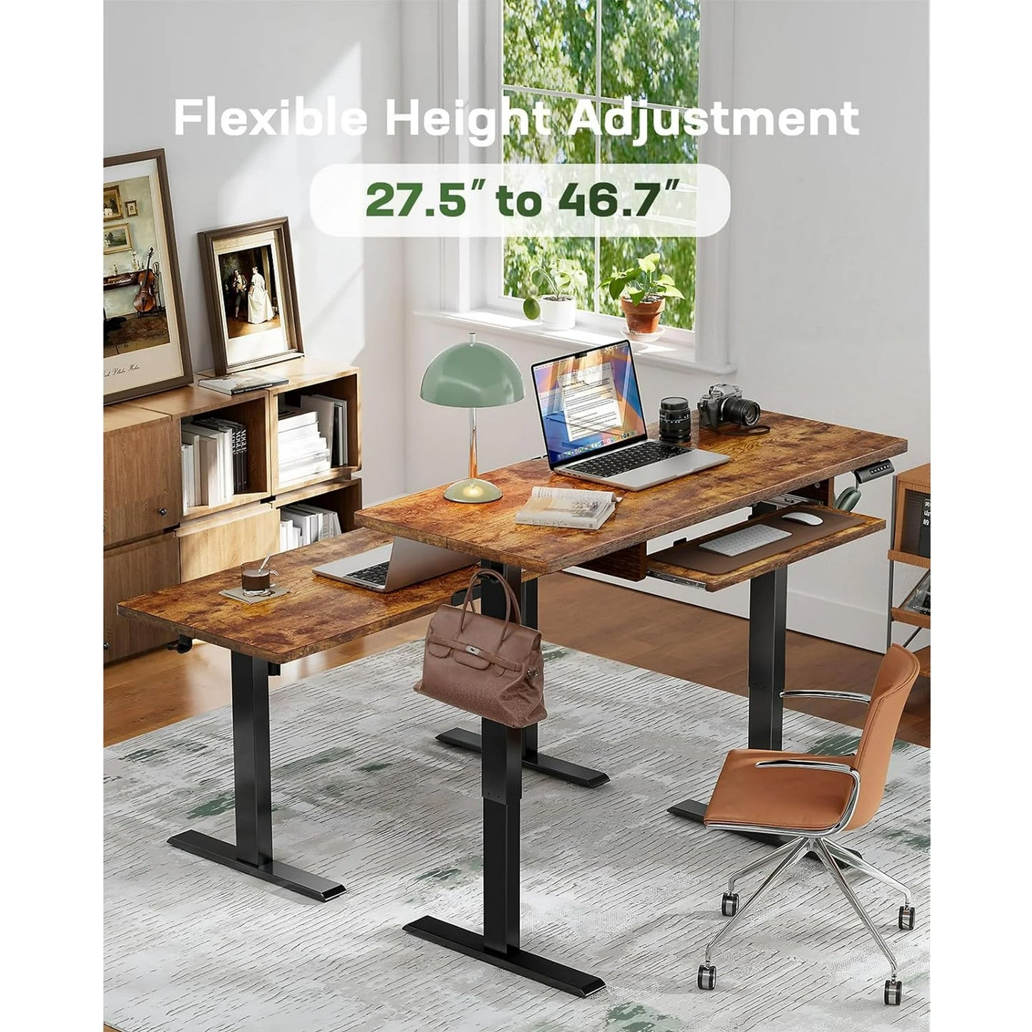 55" x 24" Electric Standing Desk with Keyboard Tray, Height Adjustable Sit Stand up Desk with Headphone Hook & 4 Height Memory Pre-Set for Home Office, Rustic Brown