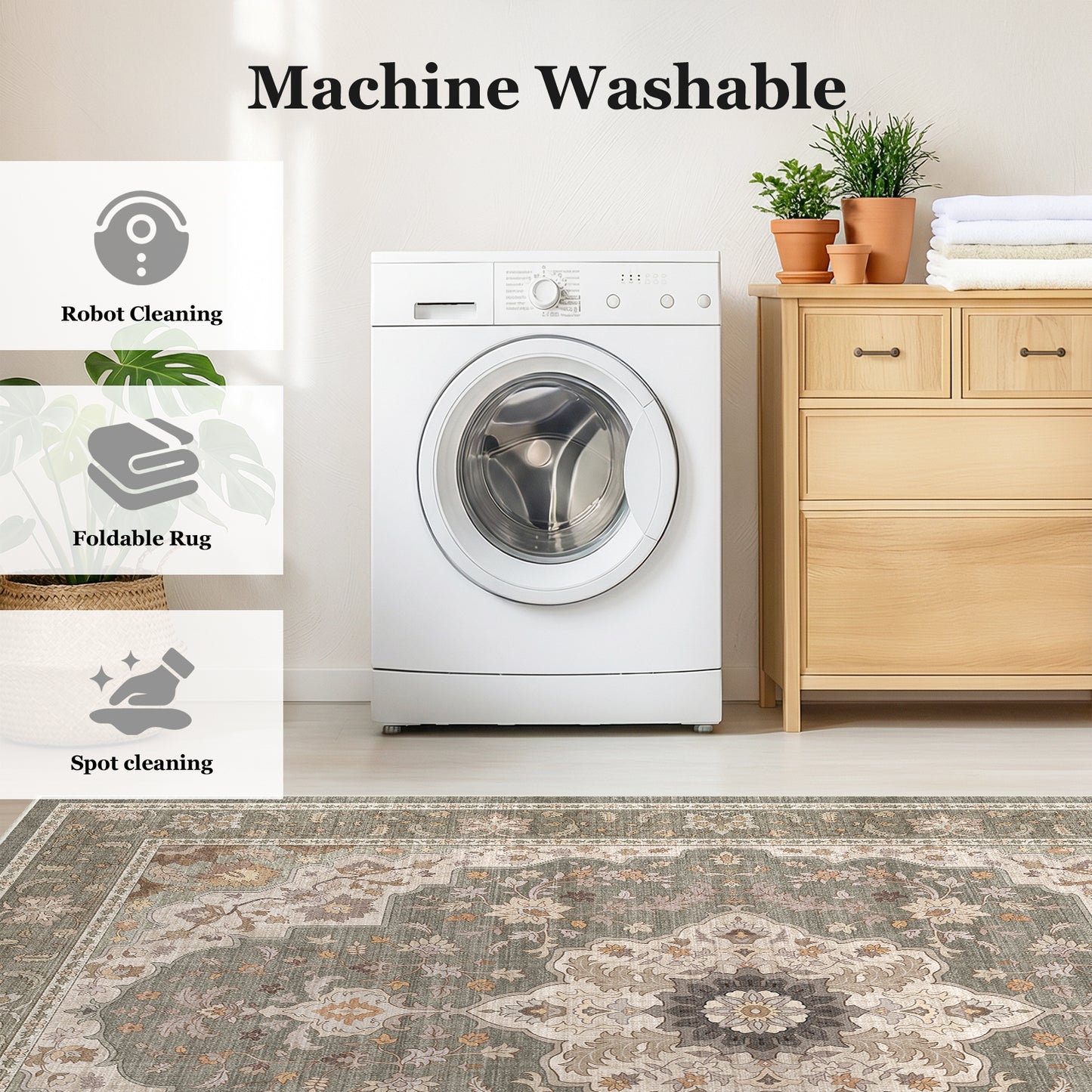 CHITOOMA 9'x12' Area Rugs for Living Room, Boho Machine Washable Stain Resistant Non-Shed Carpet, Floral Area Rug with Non-Slip Backing for Bedroom, Dining Room, Dorm, Office