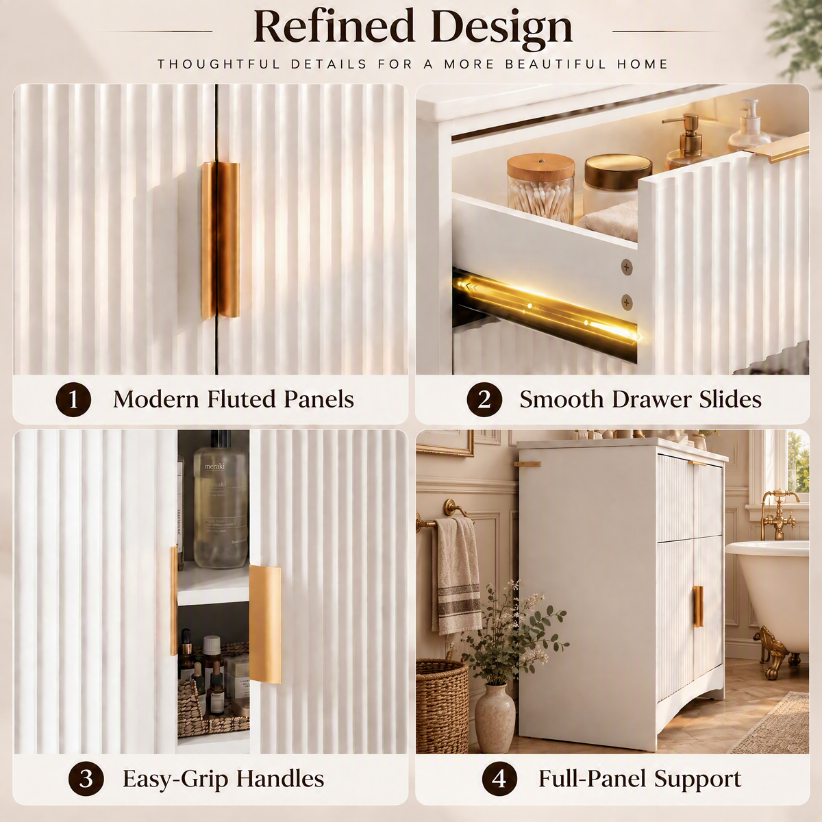 30 Inch Bathroom Vanity with Ceramic Sink, Freestanding Bathroom Cabinet with U-Shaped Drawer and Adjustable Shelf, Modern Fluted Vanity Set, White