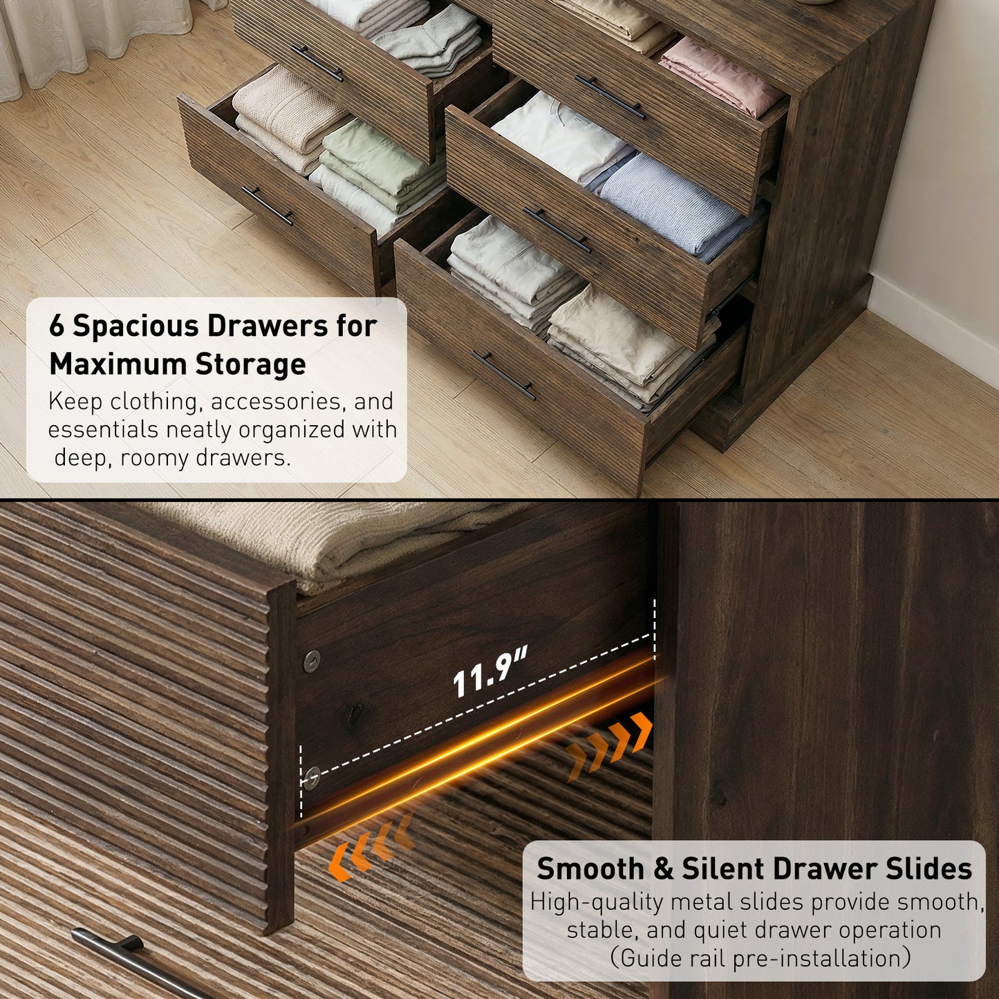 CHITOOMA 6 Drawer Fluted Dresser for Bedroom, Modern Wooden Long Dresser, Storage Cabine Chest of Drawers for Living Room Hallway, Walnut
