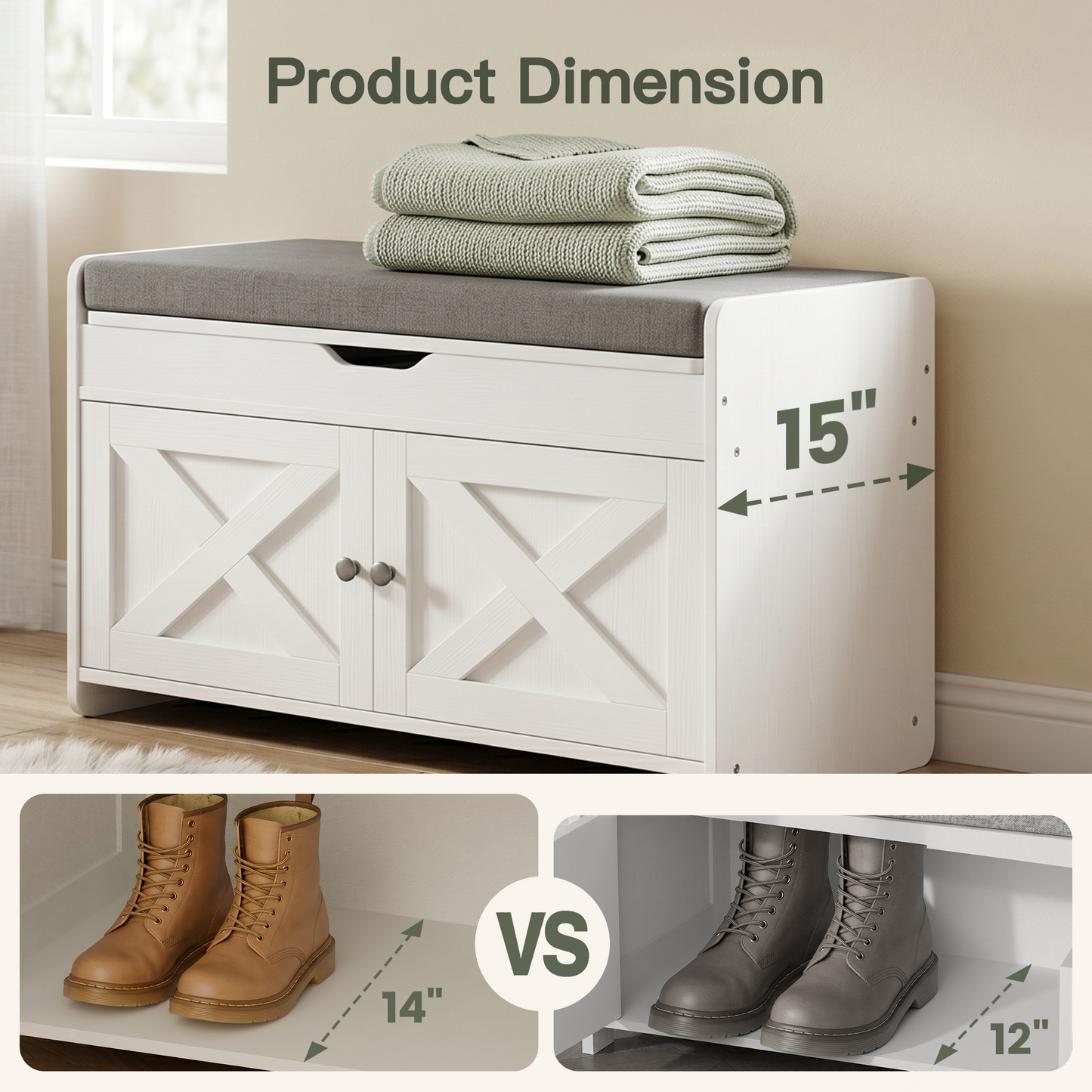 CHITOOMA Shoe Storage Bench, 2-Tier with Cushioned Seat, Adjustable Shelves, 300 lbs Capacity, 31.5" x 15" x 18", White