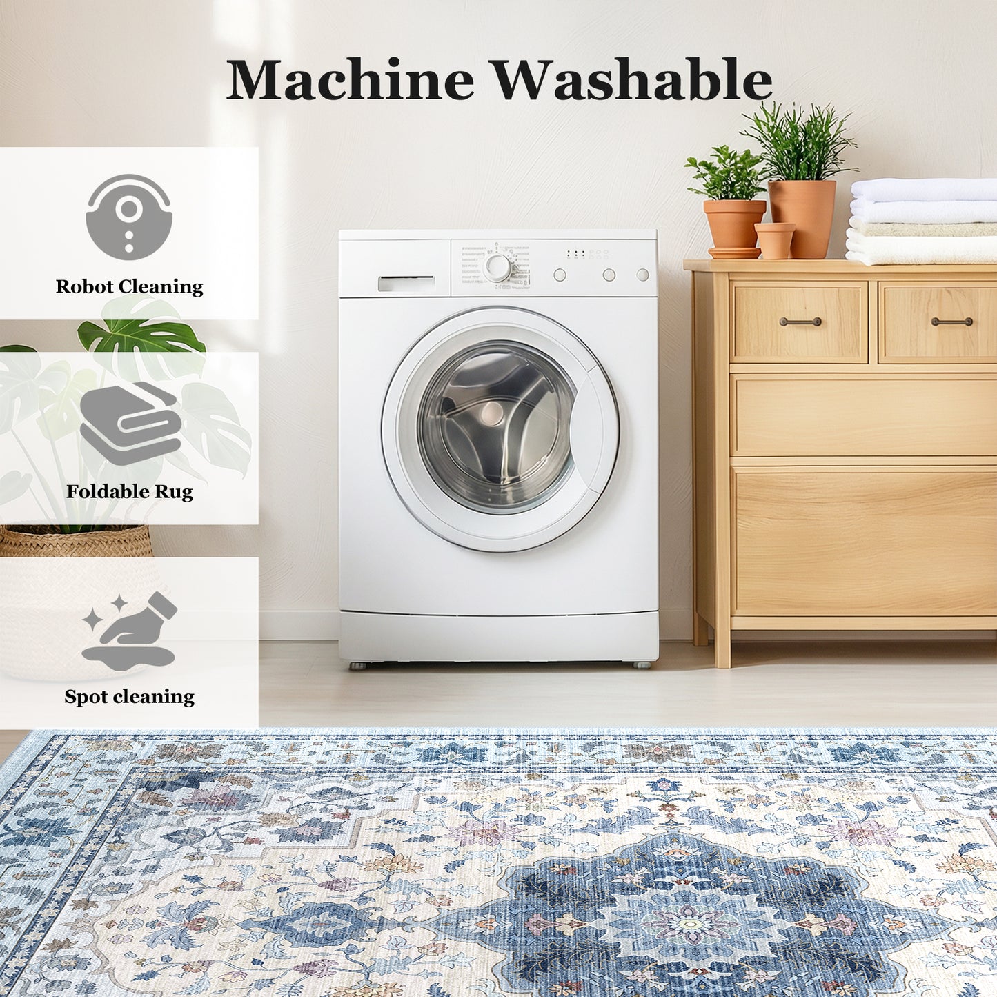 CHITOOMA 9'x12' Area Rugs for Living Room, Boho Machine Washable Stain Resistant Non-Shed Carpet, Floral Area Rug with Non-Slip Backing for Bedroom, Dining Room, Dorm, Office