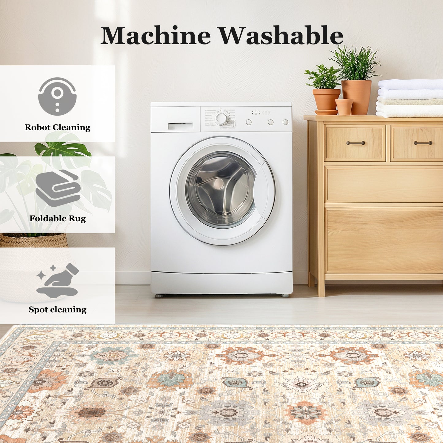 CHITOOMA 8'x10' Area Rugs for Living Room, Boho Machine Washable Floral Area Rug with Non-Slip Backing, Stain Resistant Non-Shed Carpet for Bedroom, Dining Room, Dorm, Office