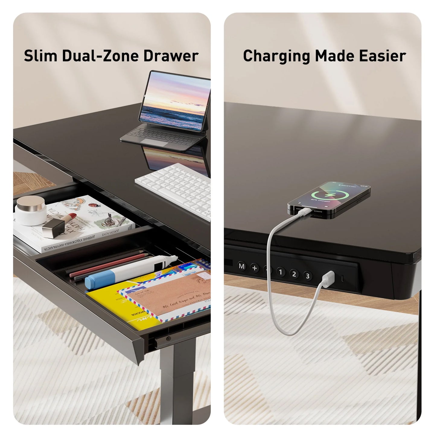CHITOOMA Glass Top Electric Standing Desk with Drawer, 48'' x 24'' Electric Height Adjustable Desk with USB Charging Ports, Sit Stand up for Home Office