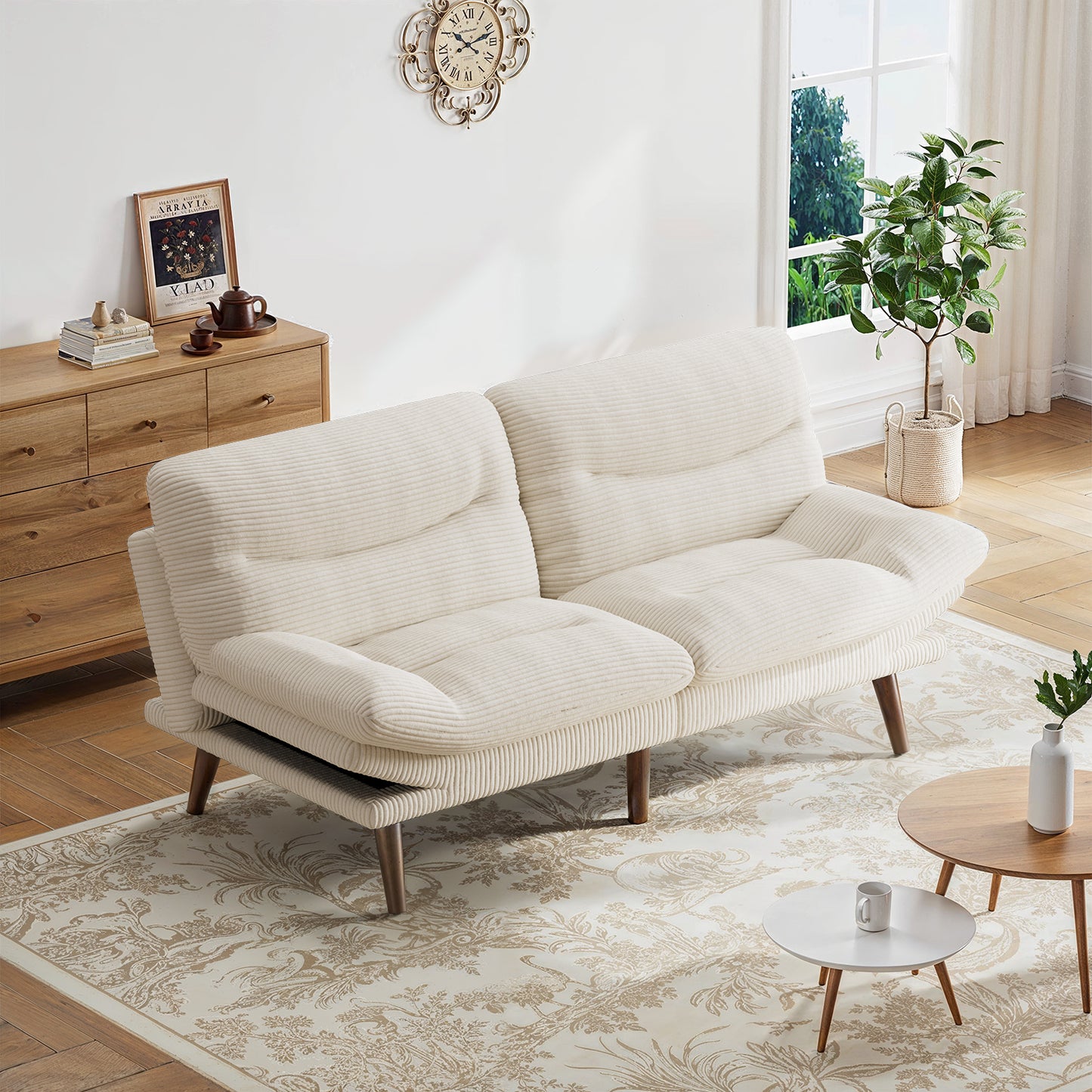 CHITOOMA 66'' Futon Sofa Bed with Adjustable Backrest & Armrests, White Corduroy Convertible Futon Couch, Comfy Loveseat for Small Spaces Apartment, Office
