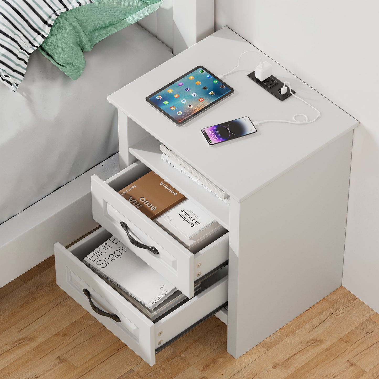 CHITOOMA 2-Drawer Nightstand with Charging Station, Wood Bedside Table with Open Shelf, Small End Table for Bedroom Living Room, White