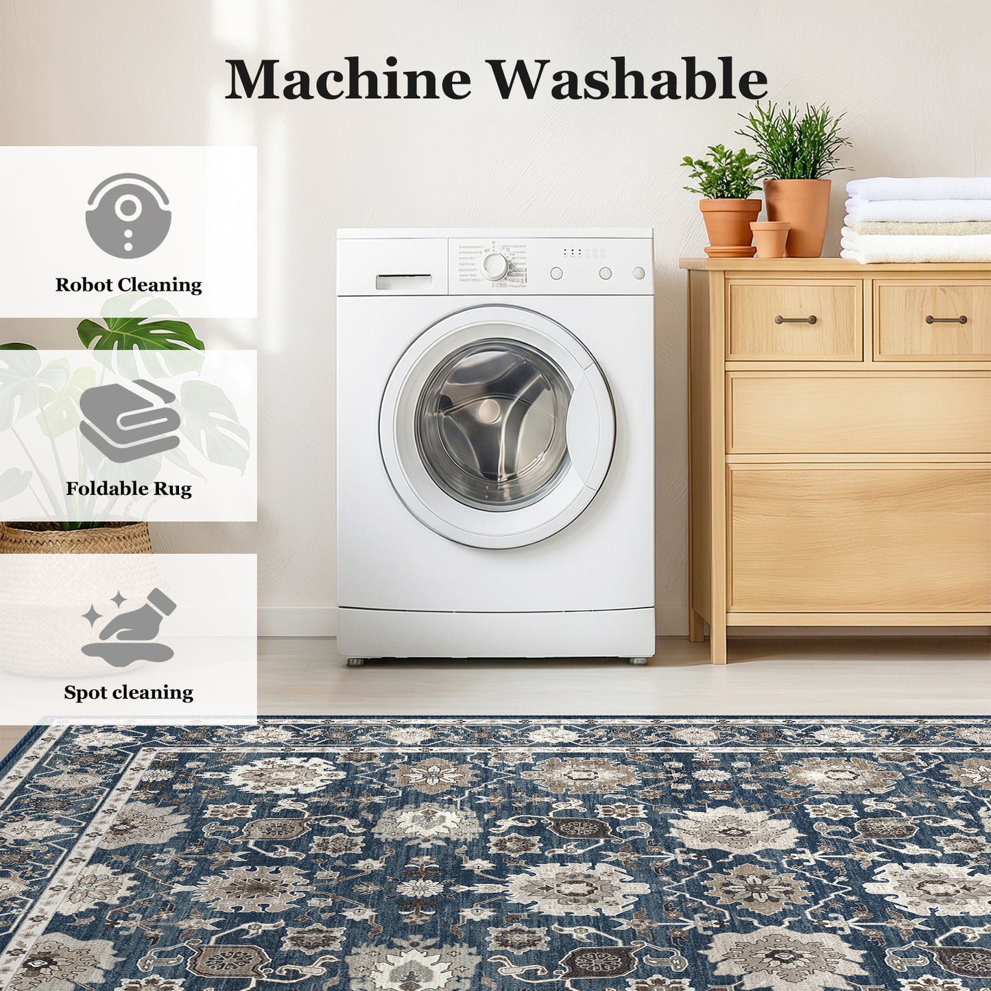 CHITOOMA 9'x12' Area Rugs for Living Room, Boho Machine Washable Stain Resistant Non-Shed Carpet, Floral Area Rug with Non-Slip Backing for Bedroom, Dining Room, Dorm, Office