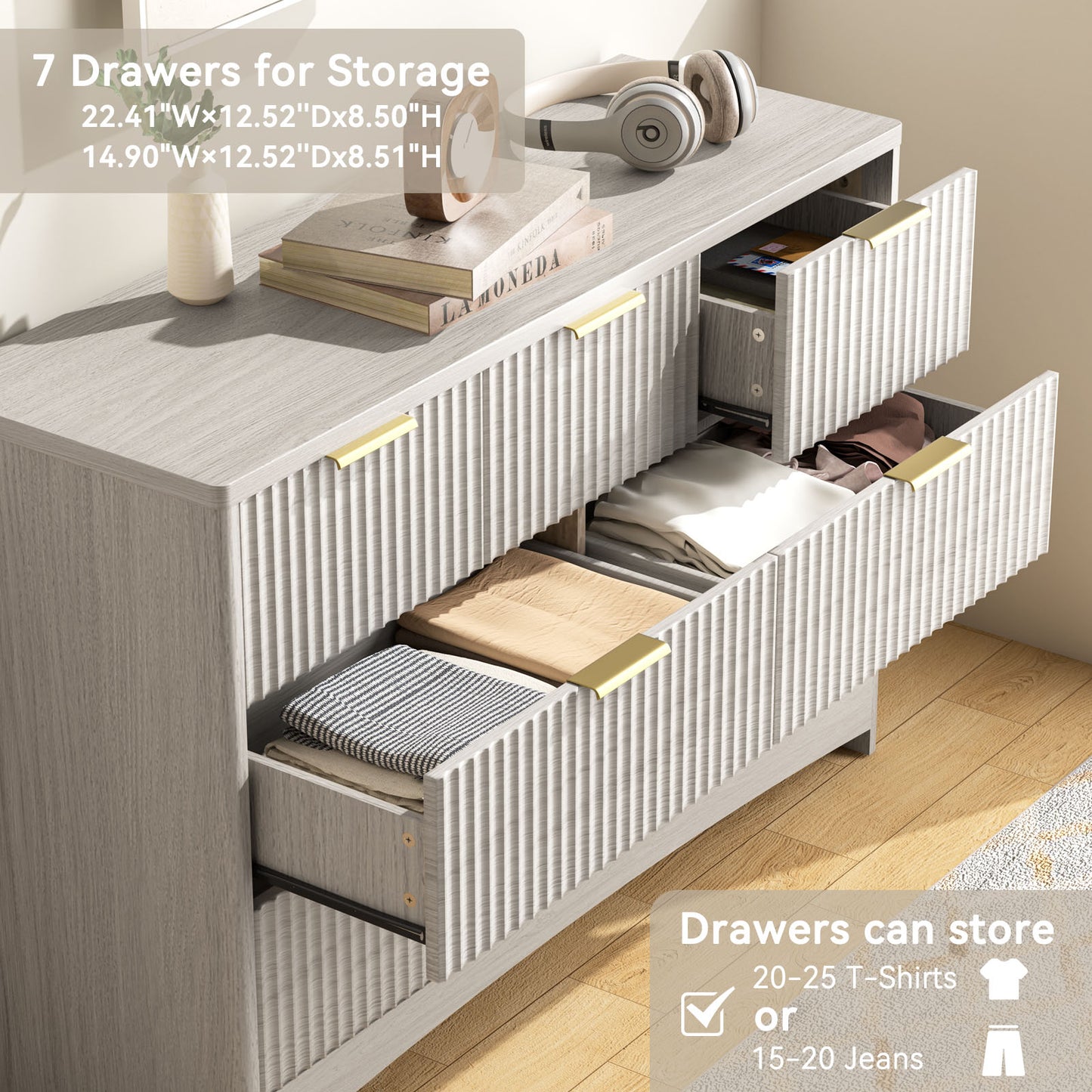 CHITOOMA Modern 7 Drawer Dresser, Wide Fluted Wood Storage Cabinet with Gold Handles, Chest of Drawers for Bedroom or Living Room, Gray