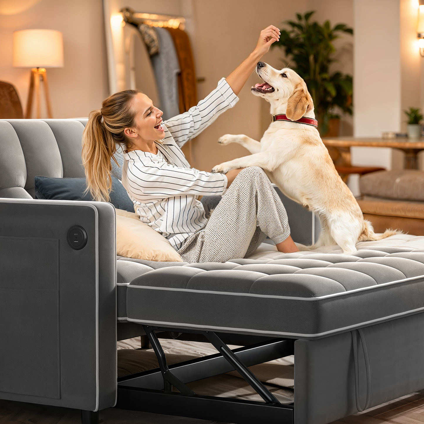 CHITOOMA 3 in 1 Pull Out Sofa Bed with Adjustable Backrest, 70" Convertible Loveseat Sleeper Couch with Charging Port, Side Pockets & Cylinder Pillows for Living Room Apartment, Gray