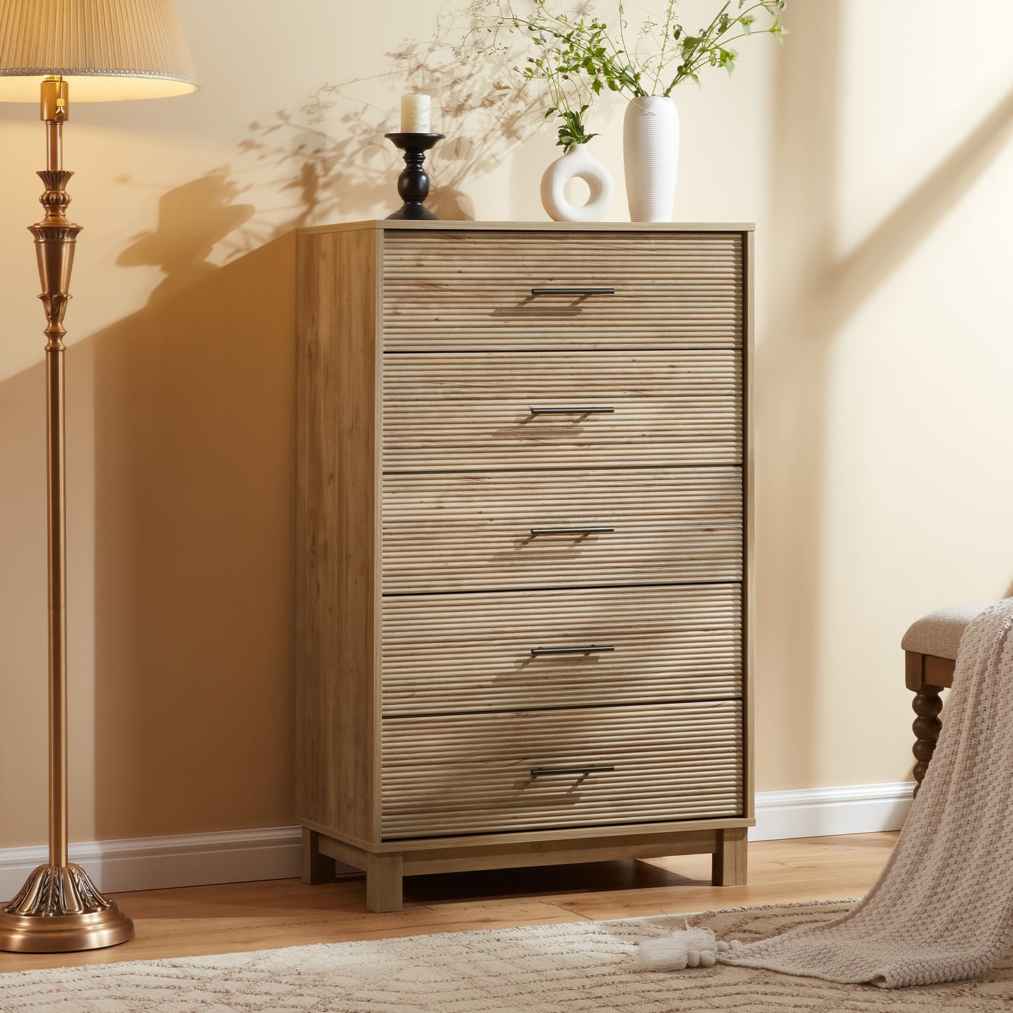 CHITOOMA Fluted Dresser for Bedroom, Modern Wooden 5 Drawer Tall Dresser, Chest of Drawers, Storage Cabine Living Room Hallway, Natural