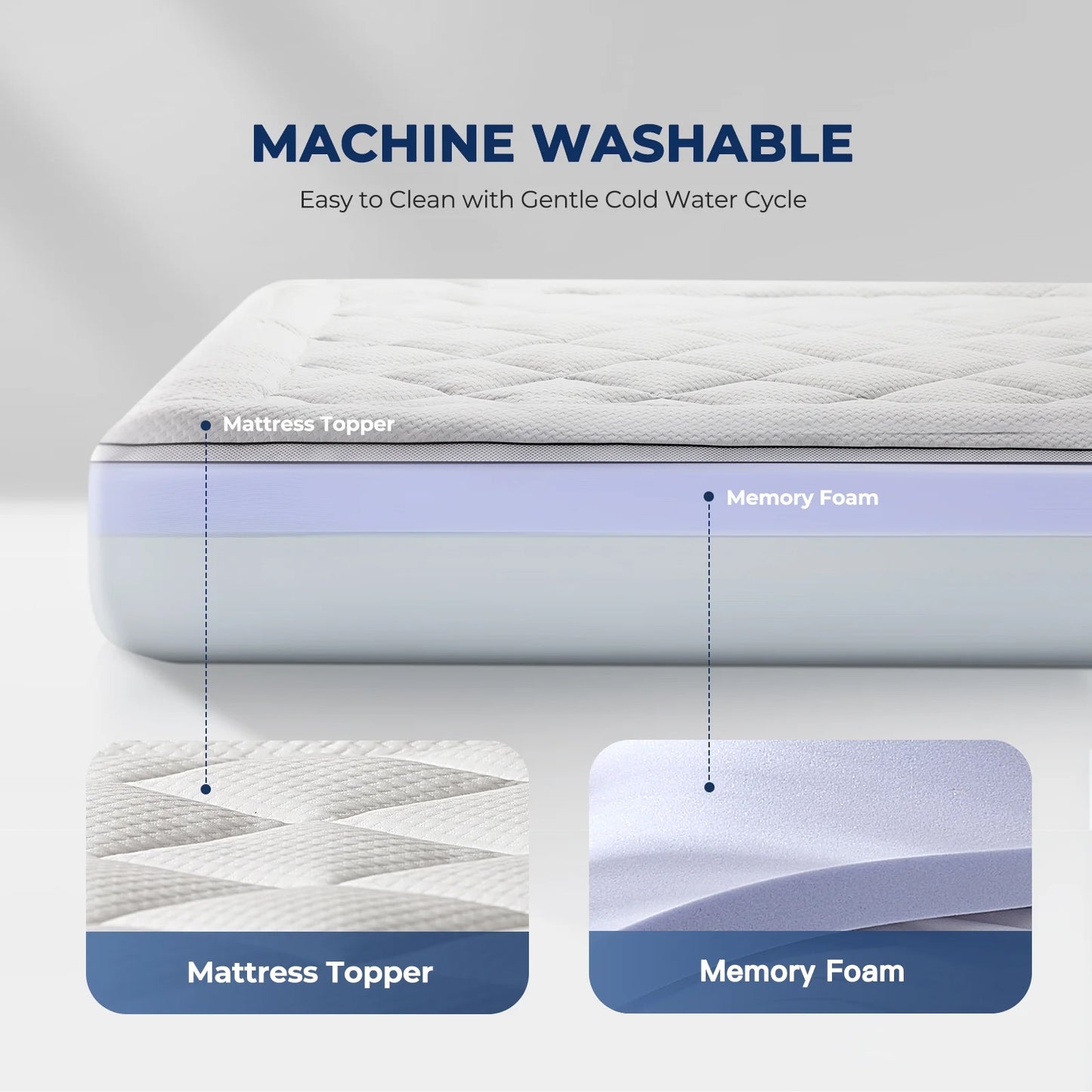 Queen Size Dual Layer 4 Inch Memory Foam Mattress Topper, 2" Gel Memory Foam and 2" Pillow Top Mattress Pad for Back Pain Relief, Medium Support, Non-Slip, CertiPUR-US Certified