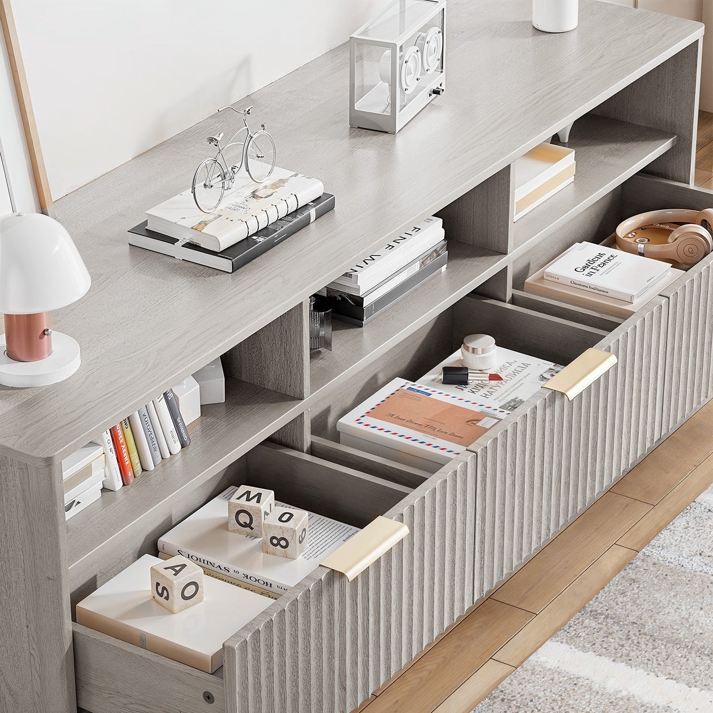 CHITOOMA Modern TV Stand for TVs up to 65", Fluted Media Console with Open Shelves & Hidden Storage Cabinet, Entertainment Center for Living Room, Gray