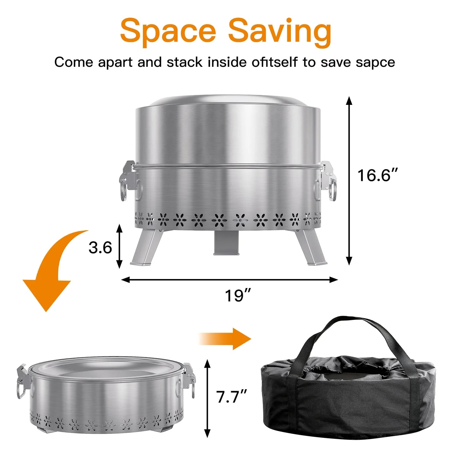 19" Smokeless Fire Pit for Outside, Stainless Steel Wood Burning Fire Pit with Foldable Legs, Grill, Poker, Carry Bag