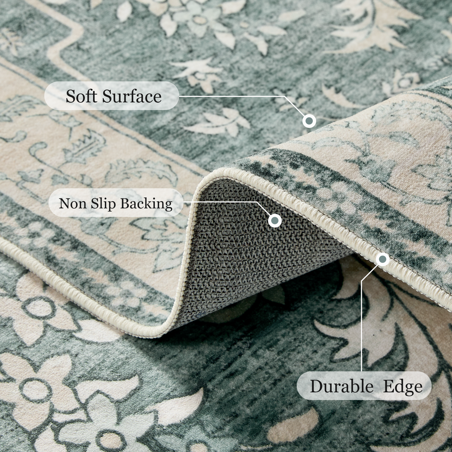 CHITOOMA 5'x7' Boho Area Rugs for Living Room, Machine Washable Stain Resistant Non-Shed Carpet, Floral Area Rug with Non-Slip Backing for Bedroom, Dining Room, Dorm, Office