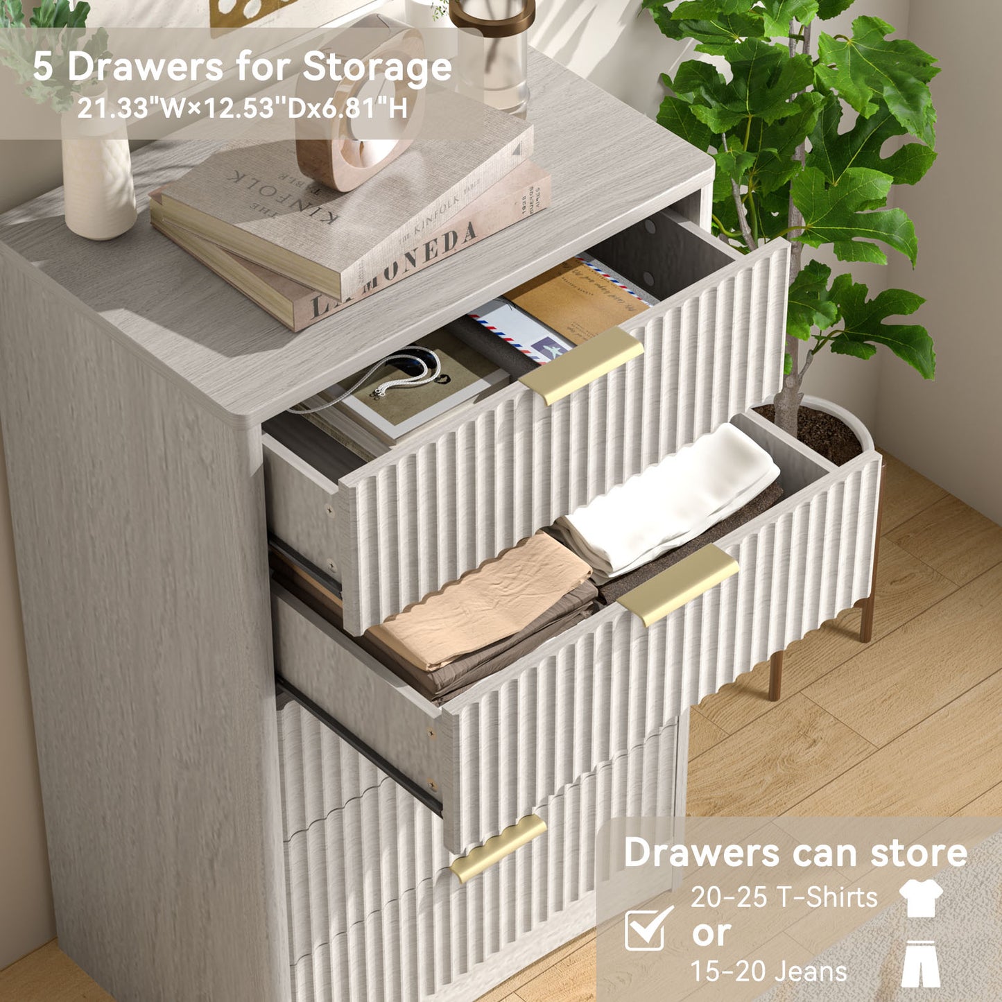 CHITOOMA Modern 5 Drawer Dresser for Bedroom, Fluted Wood Chest of Drawers with Gold Handles, Tall Storage Cabinet for Living Room, Gray