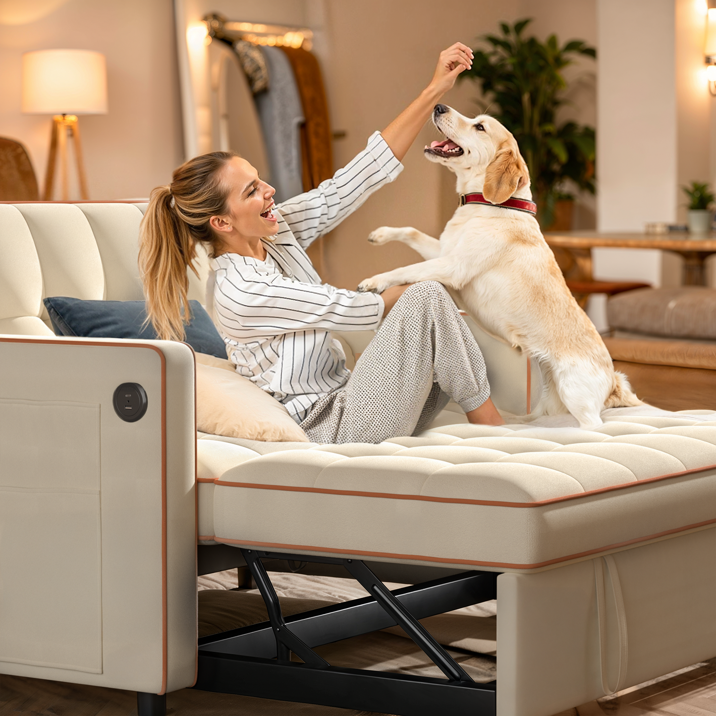 CHITOOMA 3 in 1 Pull Out Sofa Bed with Adjustable Backrest, 70" Convertible Loveseat Sleeper Couch with Charging Port, Side Pockets & Cylinder Pillows for Living Room Apartment, White