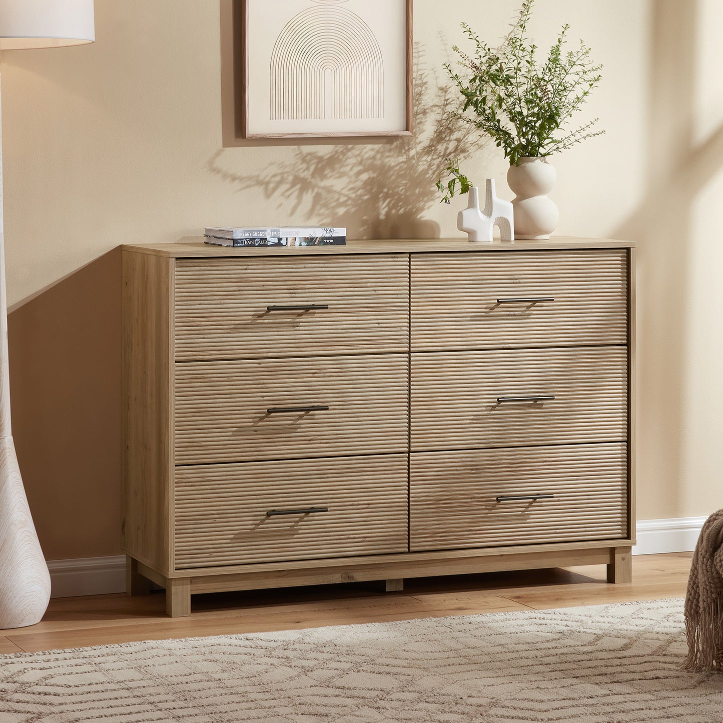 CHITOOMA 6 Drawer Fluted Dresser for Bedroom, Modern Wooden Long Dresser, Storage Cabine Chest of Drawers for Living Room Hallway, Natural
