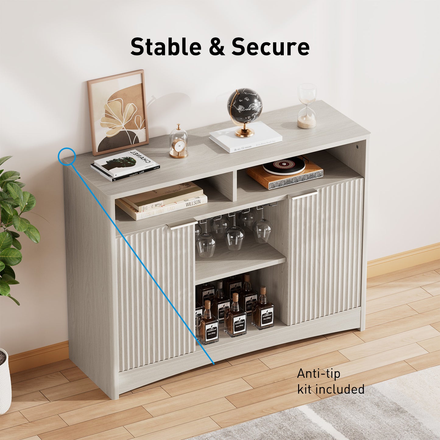 CHITOOMA Modern Coffee Bar Cabinet with Wine Glass Rack, Fluted Buffet Sideboard with Adjustable Storage Shelves and Doors, Liquor Bar Table for Dining Room or Living Room, Gray