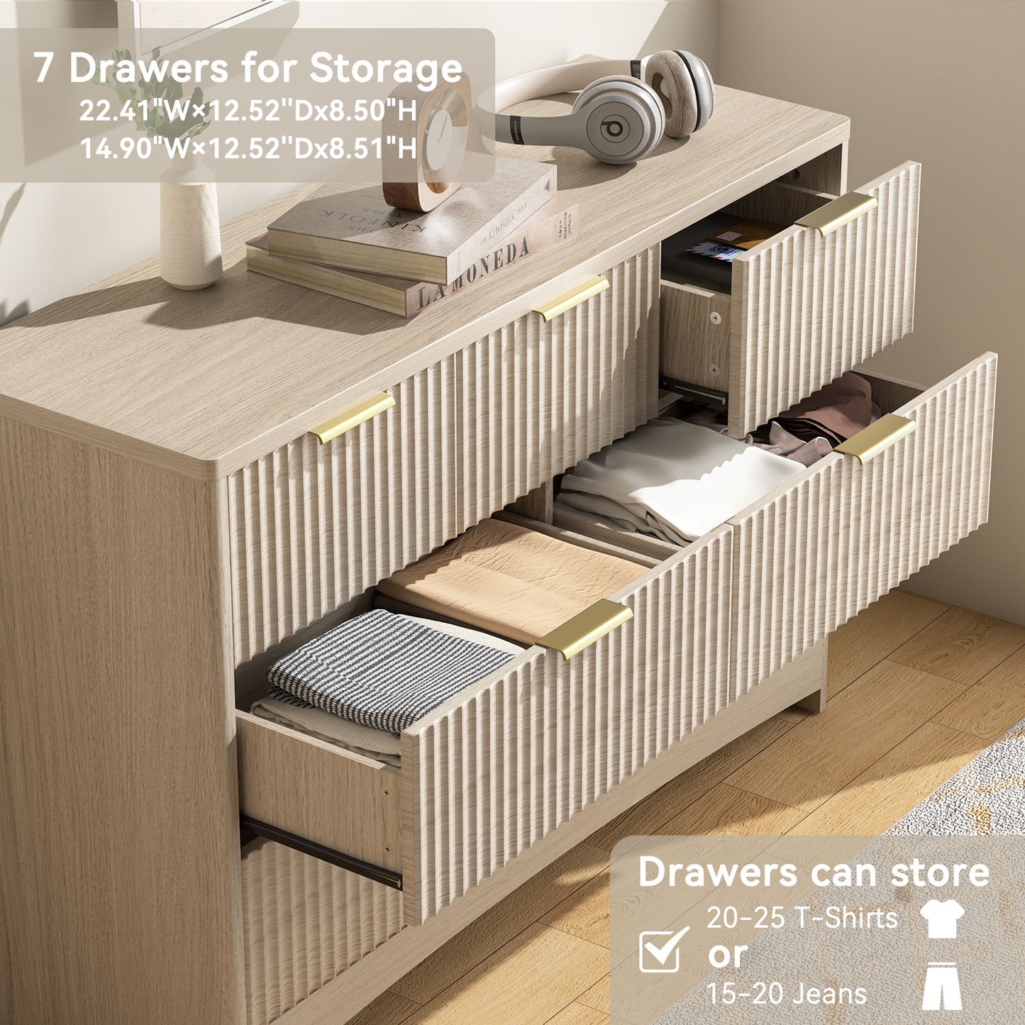 CHITOOMA Modern 7 Drawer Dresser, Wide Fluted Wood Storage Cabinet with Gold Handles, Chest of Drawers for Bedroom or Living Room, Natural
