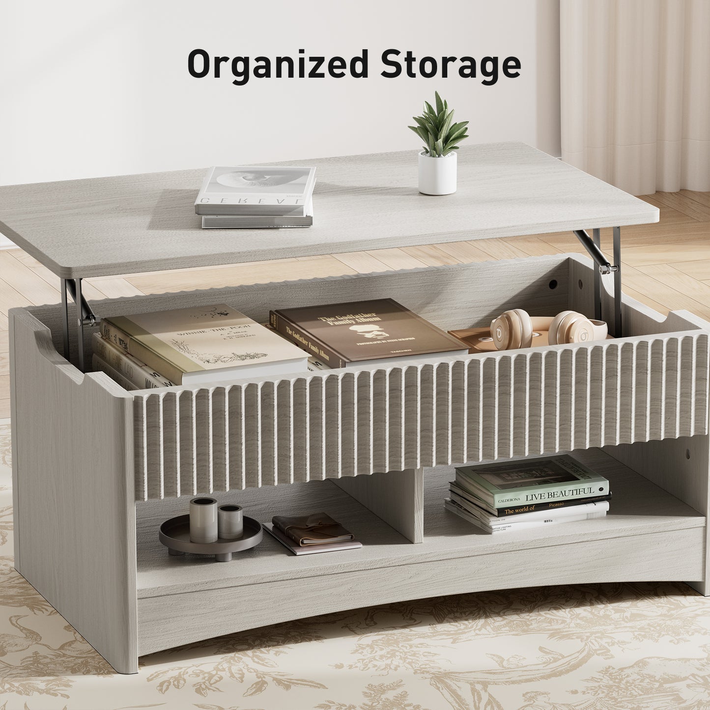 CHITOOMA Modern Lift-Top Coffee Table with Hidden Storage & Open Shelves, Fluted Front Accent Table for Living Room, Gray
