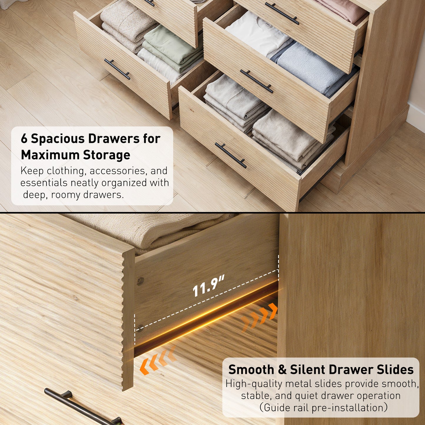 CHITOOMA 6 Drawer Fluted Dresser for Bedroom, Modern Wooden Long Dresser, Storage Cabine Chest of Drawers for Living Room Hallway, Natural