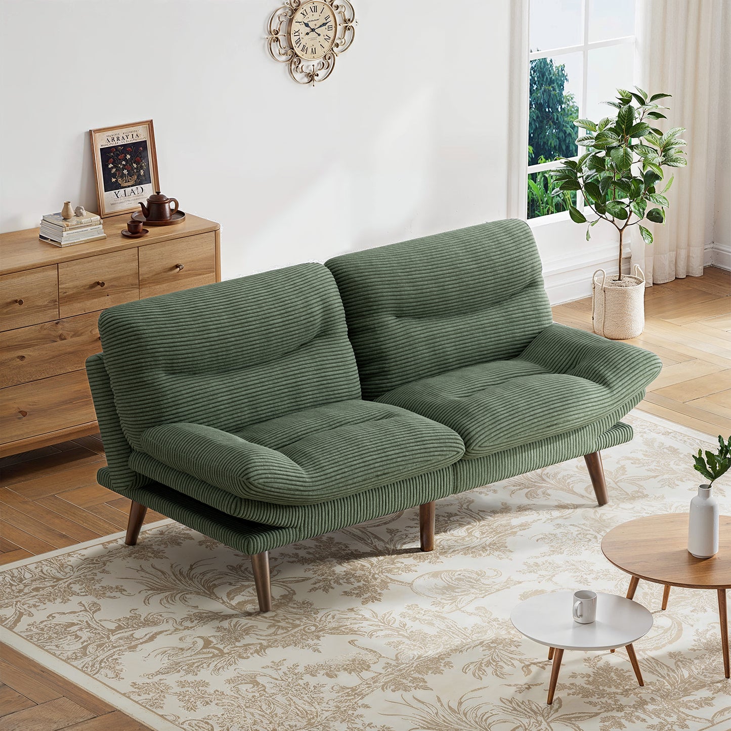 CHITOOMA 75" W Corduroy Futon Sofa Bed with Adjustable Backrest & Armrests, Comfy Convertible Futon Couch, Sleeper Sofa for Living Rooms Apartment Office, Green