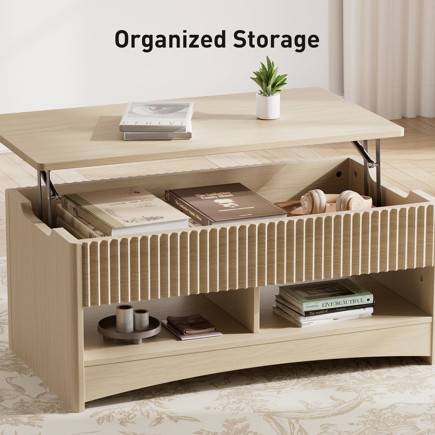 CHITOOMA Modern Lift-Top Coffee Table with Hidden Storage & Open Shelves, Fluted Front Accent Table for Living Room, Natural