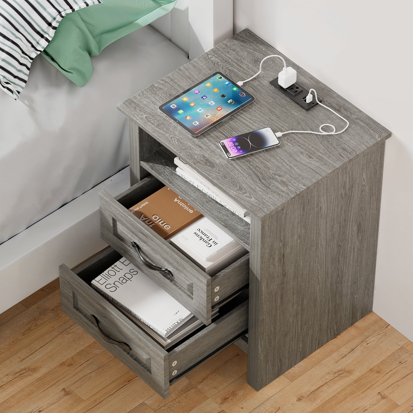 CHITOOMA 2-Drawer Nightstand with Charging Station, Wood Bedside Table with Open Shelf, Small End Table for Bedroom Living Room, Gray