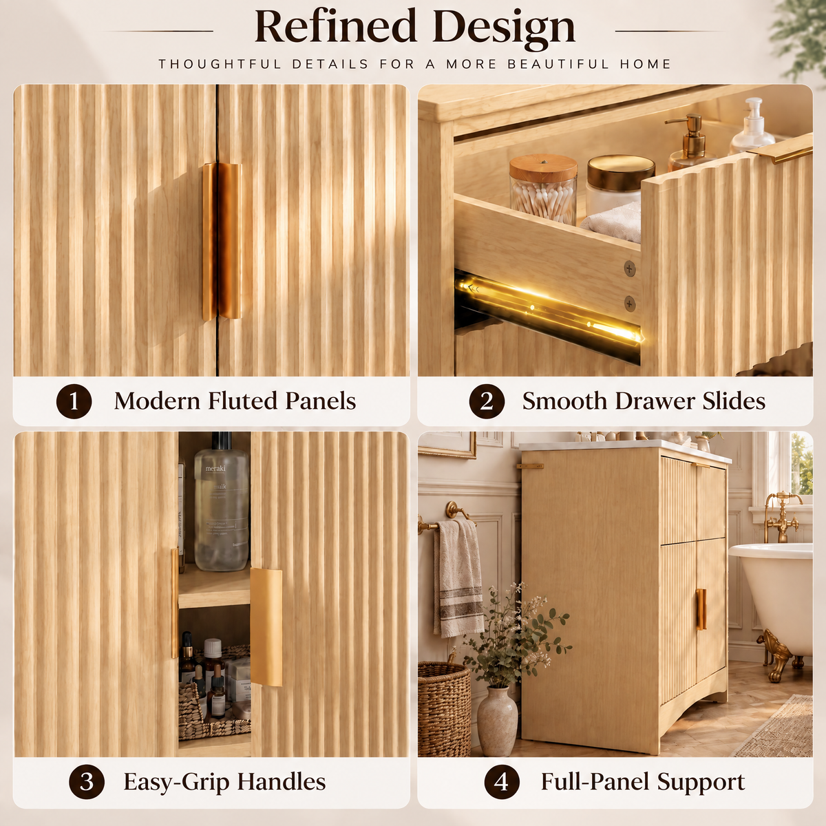 30 Inch Bathroom Vanity with Ceramic Sink, Freestanding Bathroom Cabinet with U-Shaped Drawer and Adjustable Shelf, Modern Fluted Vanity Set, Natural Oak