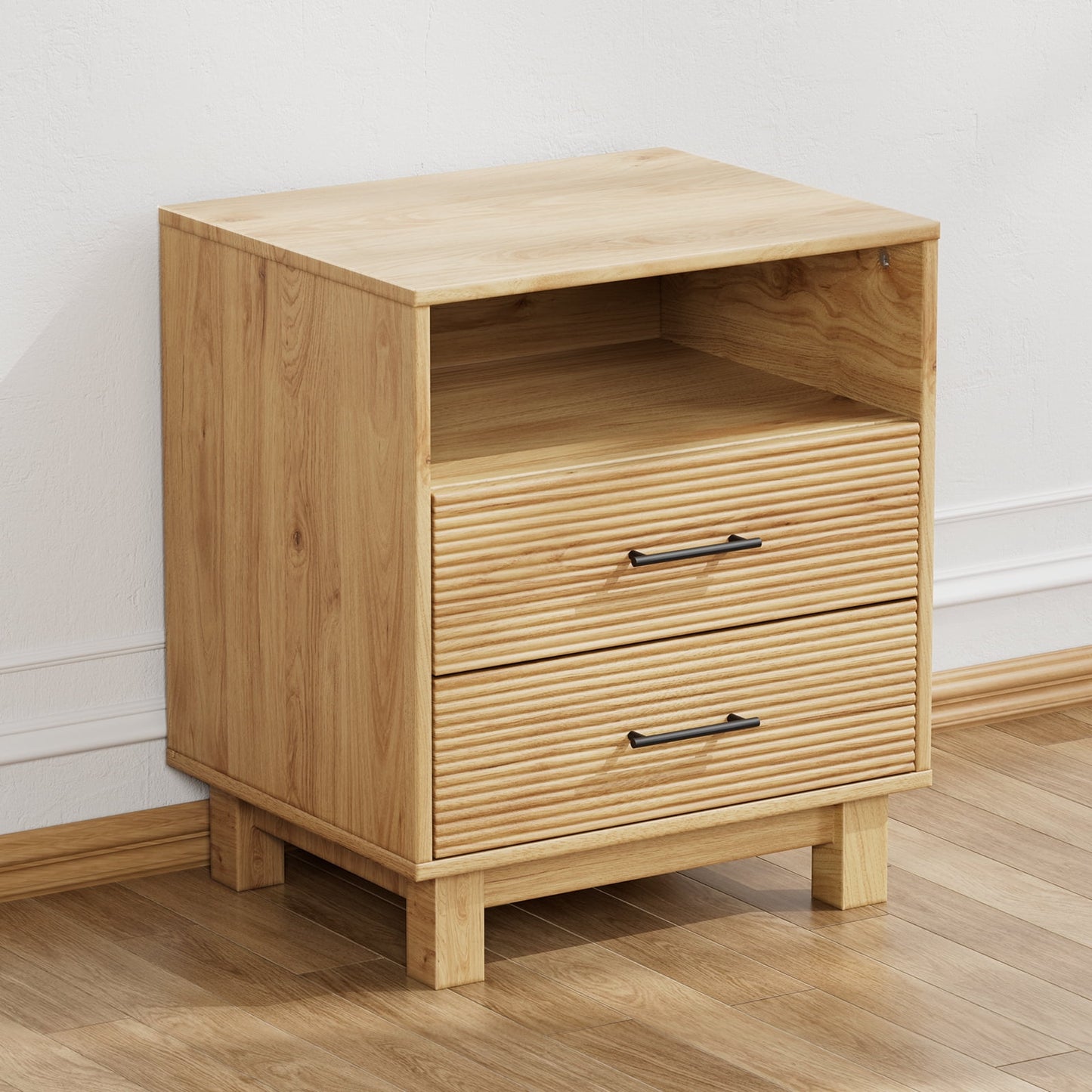 CHITOOMA 2-Drawer Nightstand with Open Shelf, Wood Fluted Bedside Table with Storage, Small End Table for Bedroom Living Room, Natural