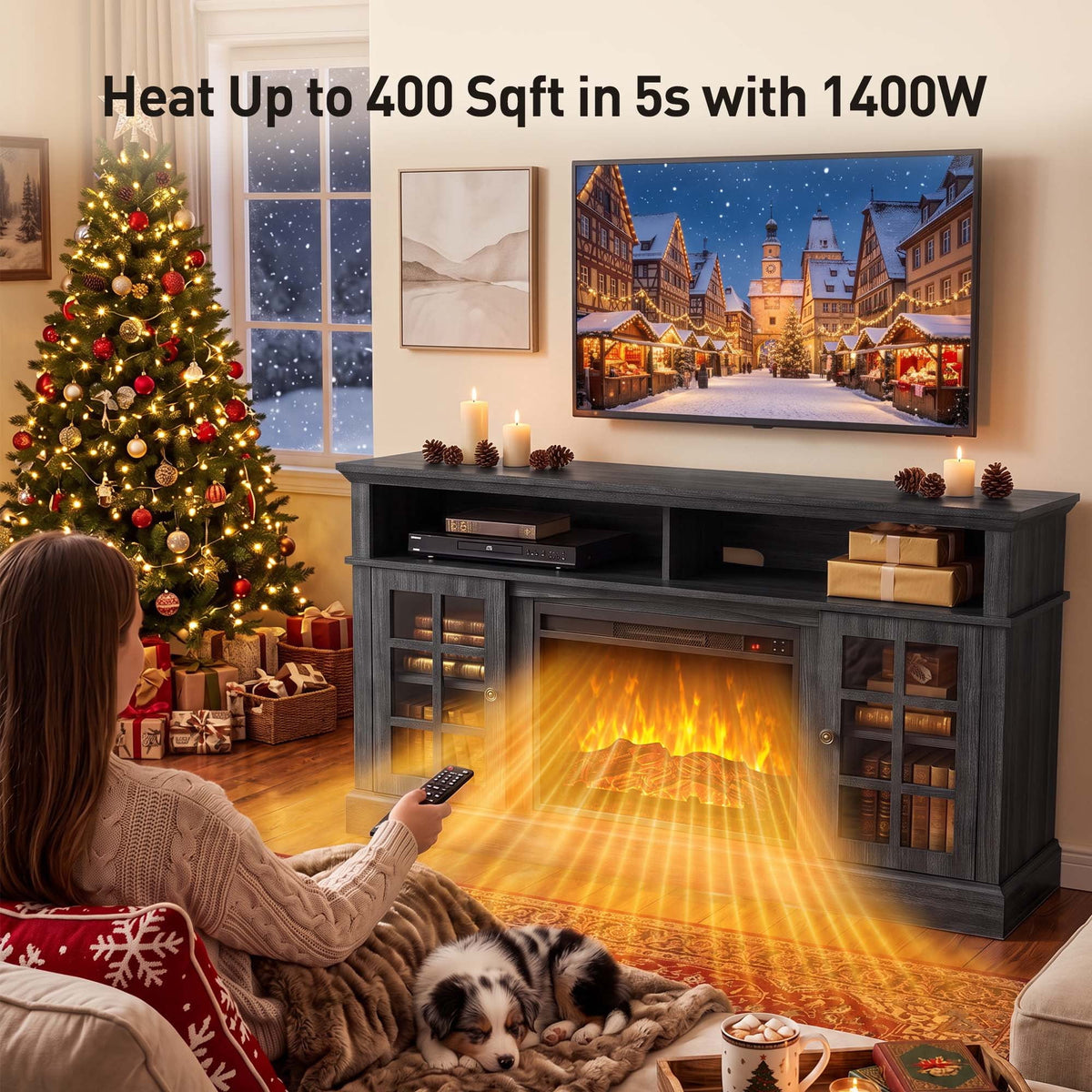 Electric Fireplace TV Stand for 75″ TVs Fireplace Entertainment Center TV Console Table with 23″ Fireplace, Holds up to 200 lbs