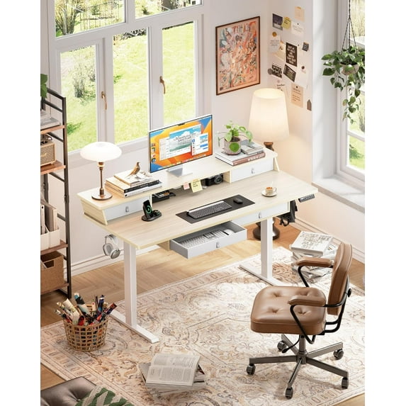 CHITOOMA 63″ x 30″ Standing Desk with Drawers, Electric Height Adjustable Sit Stand Desk with Storage Shelf, 4 Memory Preset Computer Desk with Cable Management Tray for Home Office, Oak