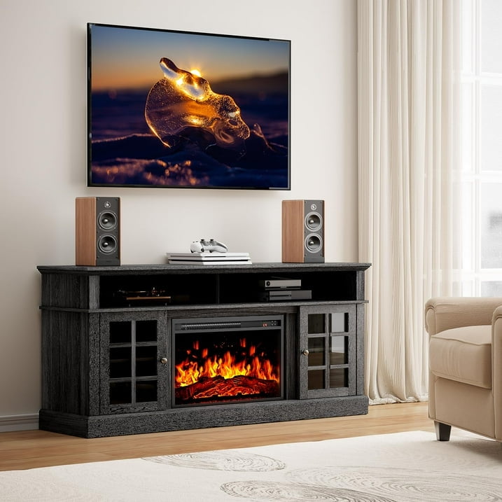CHITOOMA 1400W Electric Fireplace TV Stand TV Console with 23″ Fireplace for up to 75 inch TVs with Adjustable Shelves, Black