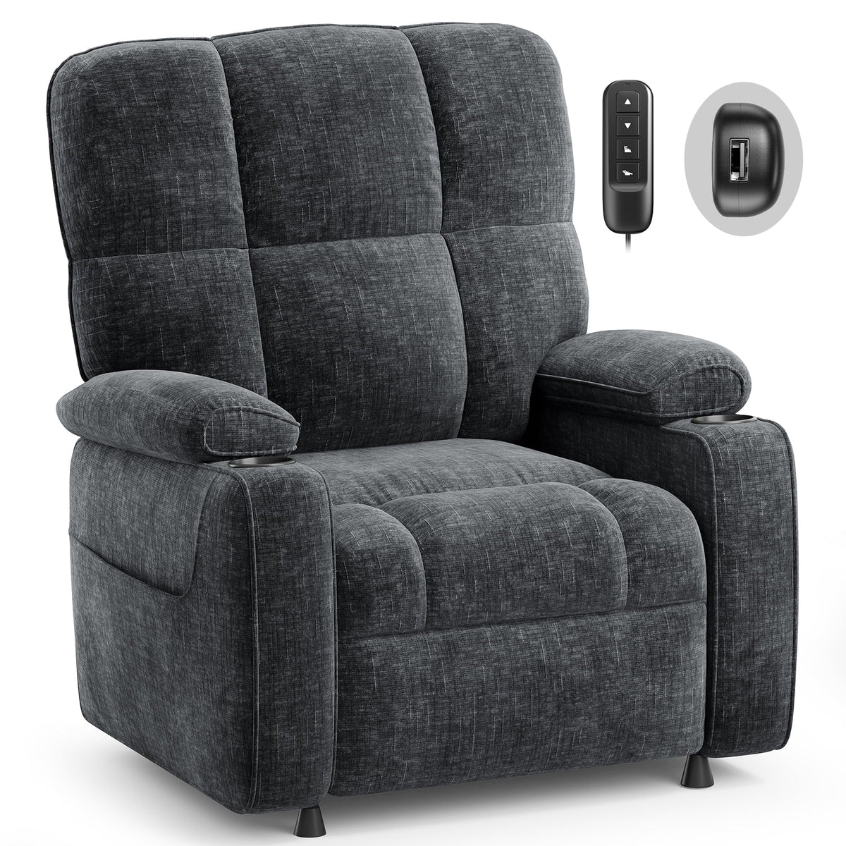 CHITOOMA Power Recliner Chair for Adults, Zero Gravity Electric Reclining Sofa with USB Port, Cup Holder & Side Pockets, Chenille Fabric, Dark Gray