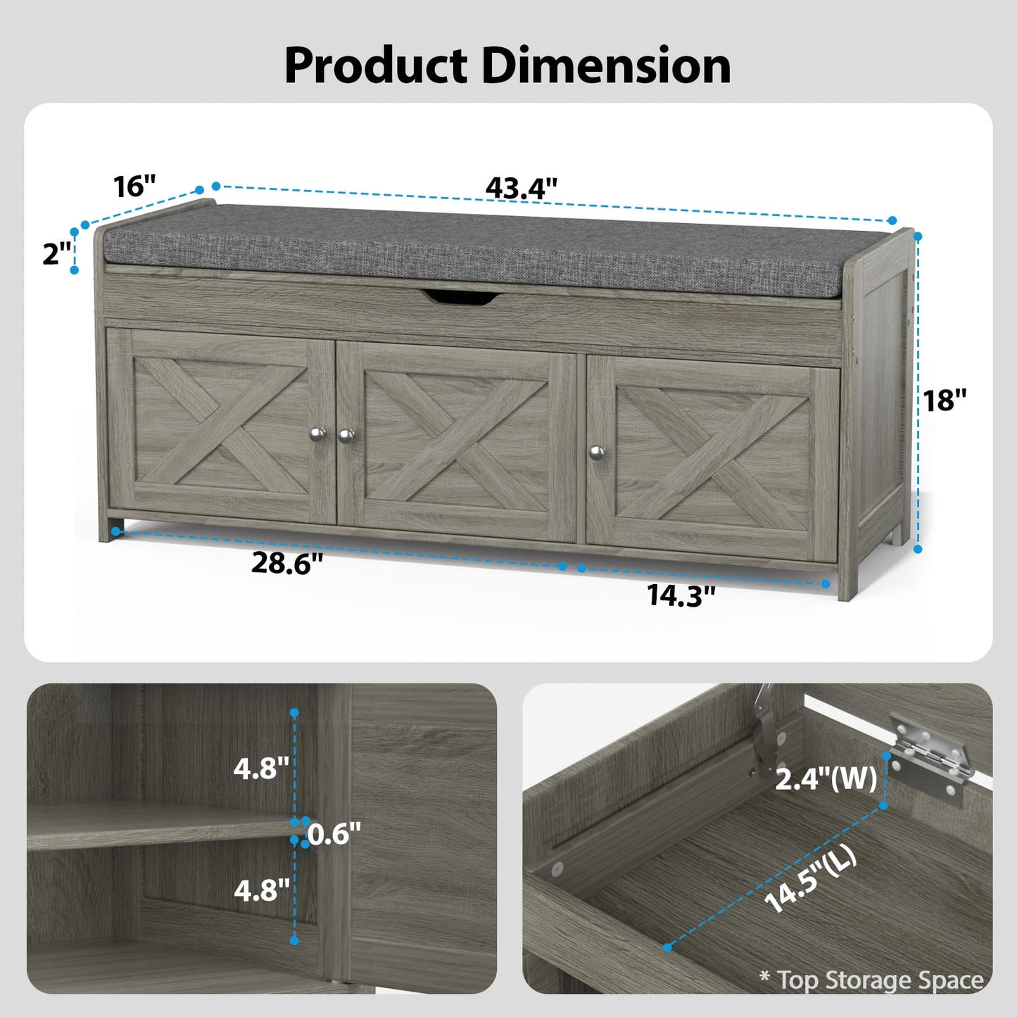 CHITOOMA 43.4" Shoe Storage Bench with Cushion and Barn Doors for Entryway, Bedroom, Shoe Rack Bench Adjustable Shelf with Lift Top Storage, 440 lbs, Grey
