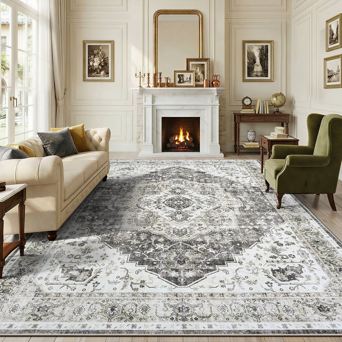 CHITOOMA 9'x12' Machine-washable Area Rugs for Living Room, Boho Area Rugs with Non-Slip Backing, Stain Resistant Non-Shed Carpet for Bedroom, Dining Room, Dorm, Office