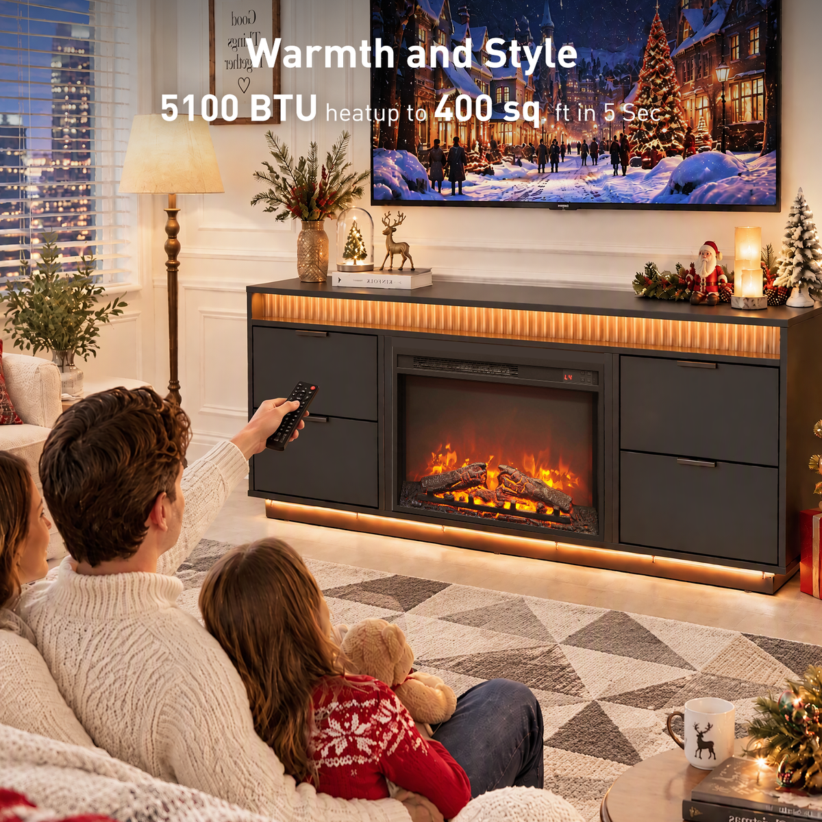 CHITOOMA Electric Fireplace TV Stand for up to 70" with 60000 RGB LED Light, Entertainment Center Console Table with 4 Large Drawers, Black