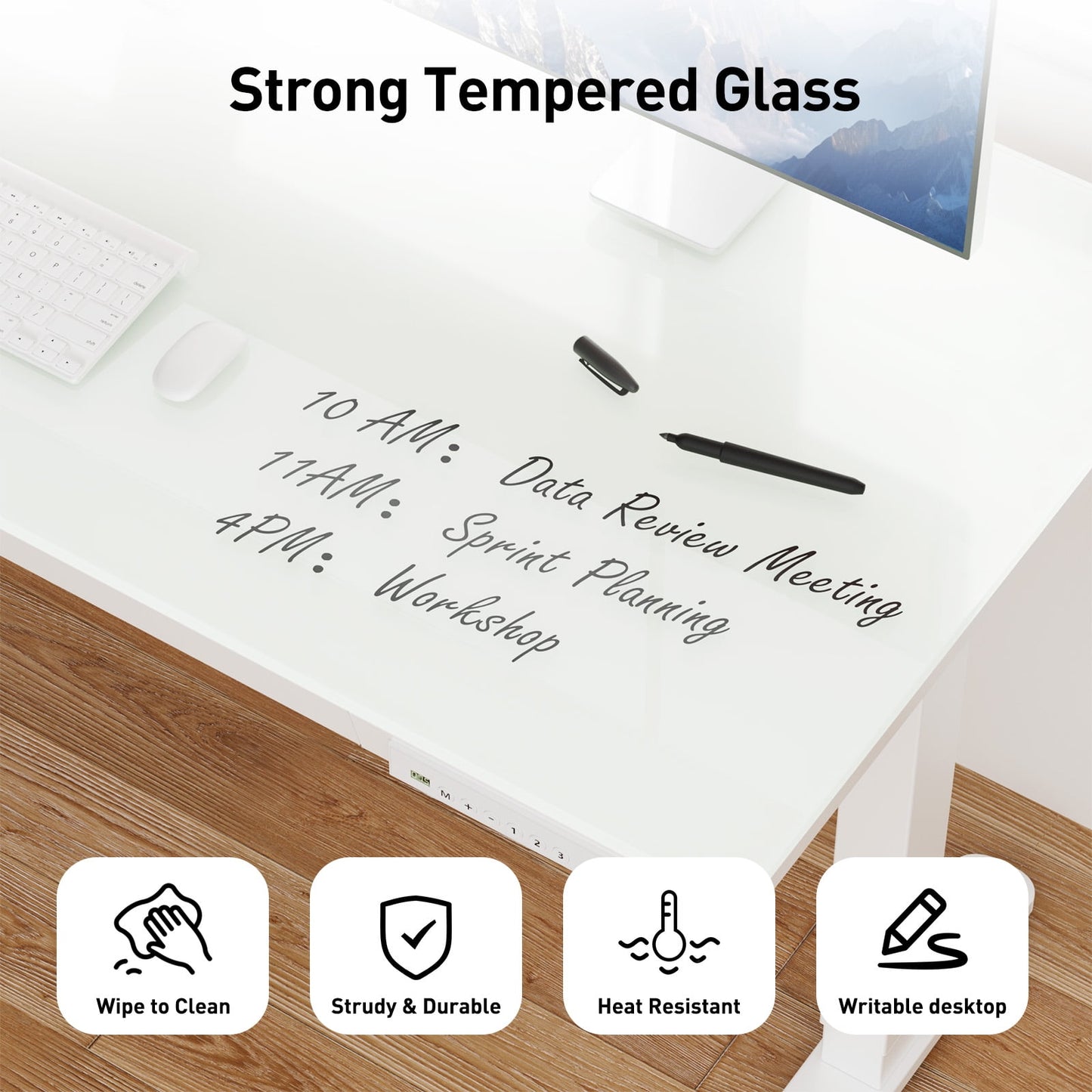 One-Piece Glass Standing Desk with USB & Type-C & Drawers, 40"×24" Electric Adjustable Stand Up Desk for Small Apartment, Glass Tabletop Office Computer Desk, White