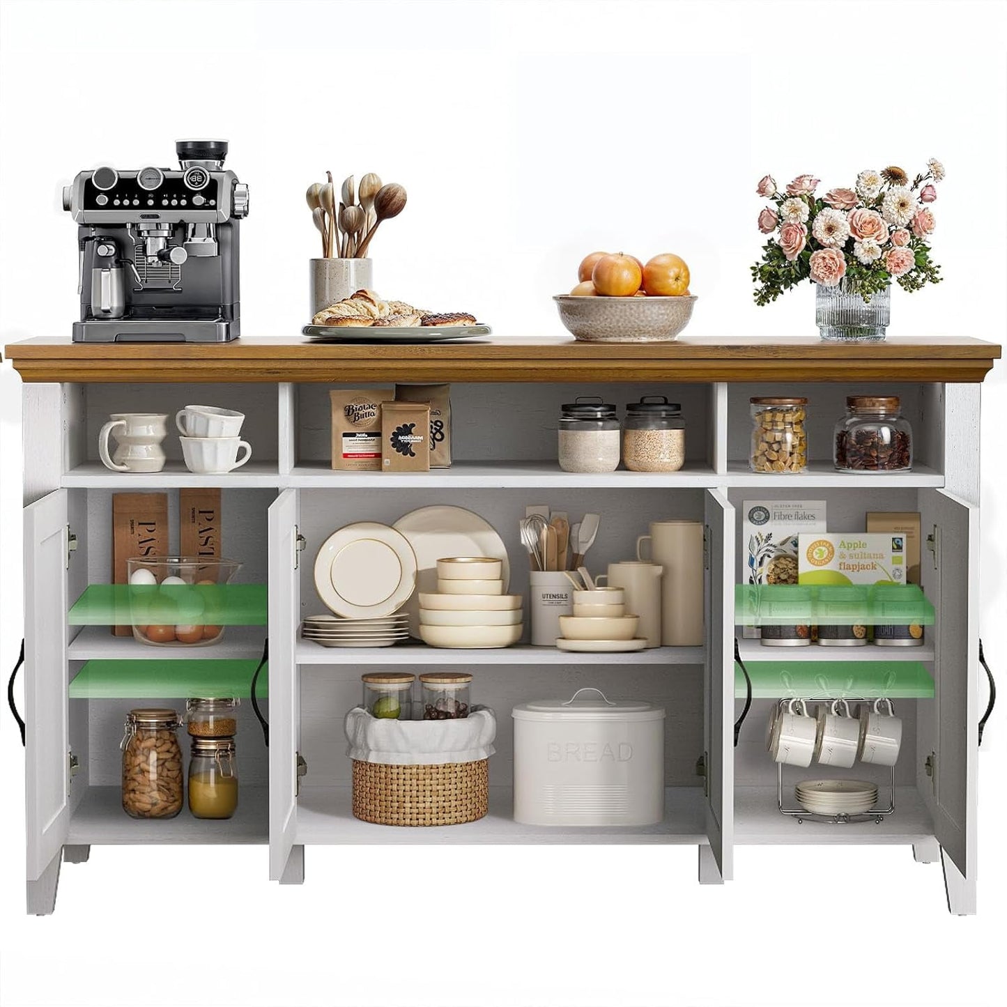 CHITOOMA 55" Sideboard Buffet Cabinet with Adjustable Shelves & 4 Doors, Modern Farmhouse Coffee Bar Cabinet for Kitchen Dinning Room, White & Brown