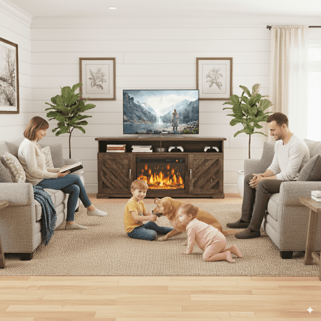 CHITOOMA Electric Fireplace TV Stand for 65 70 75 inch TV with Remote Control, Farmhouse Entertainment Center with 23″ Fireplace for Living Room, Bedroom,Vintage Brown