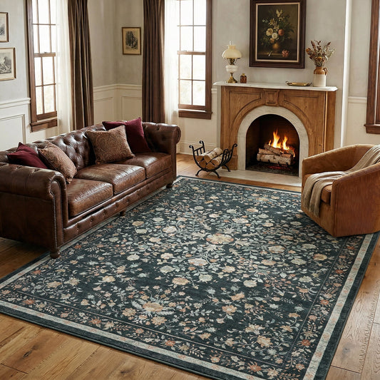 CHITOOMA 5'x7' Machine-washable Area Rugs for Living Room, Stain Resistant Non-Shed Carpet, Boho Floral Area Rugs with Non-Slip Backing for Bedroom, Dining Room, Dorm, Office