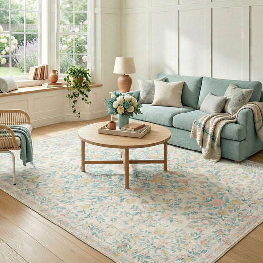CHITOOMA 5'x7' Machine-washable Area Rugs for Living Room, Stain Resistant Non-Shed Carpet, Boho Floral Area Rugs with Non-Slip Backing for Bedroom, Dining Room, Dorm, Office