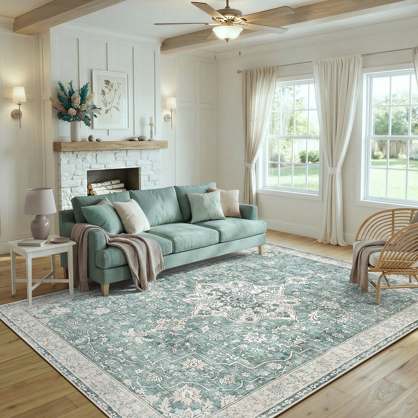 CHITOOMA 5'x7' Boho Area Rugs for Living Room, Machine Washable Stain Resistant Non-Shed Carpet, Floral Area Rug with Non-Slip Backing for Bedroom, Dining Room, Dorm, Office