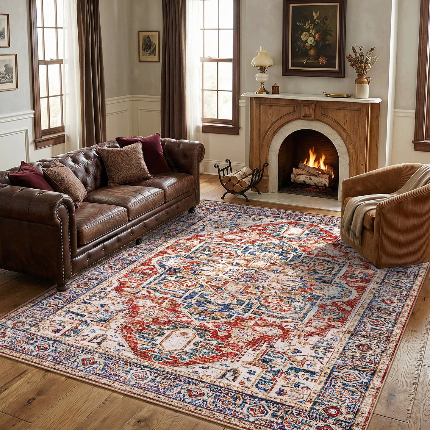 5'x7' Boho Area Rugs for Living Room, Machine Washable Area Rug with Non-Slip Backing, Stain Resistant Non-Shed Carpet for Bedroom, Dining Room, Dorm, Office