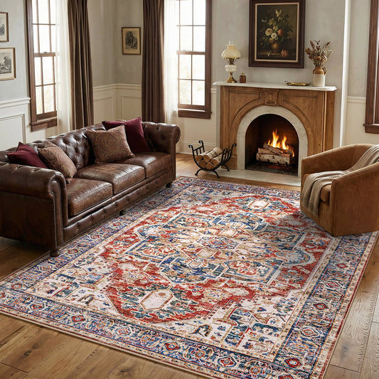 5'x7' Boho Area Rugs for Living Room, Machine Washable Area Rug with Non-Slip Backing, Stain Resistant Non-Shed Carpet for Bedroom, Dining Room, Dorm, Office