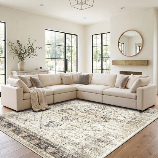 CHITOOMA 5'x7' Boho Area Rugs for Living Room, Machine Washable Stain Resistant Non-Shed Carpet, Area Rug with Non-Slip Backing for Bedroom, Dining Room, Dorm, Office