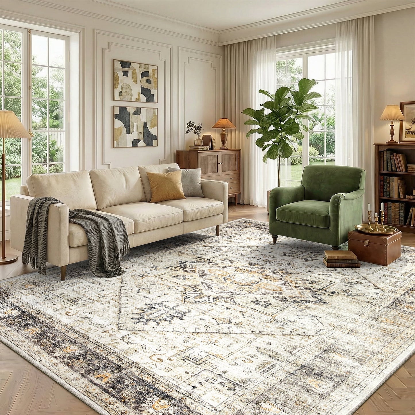 CHITOOMA 5'x7' Boho Area Rugs for Living Room, Machine Washable Stain Resistant Non-Shed Carpet, Area Rug with Non-Slip Backing for Bedroom, Dining Room, Dorm, Office
