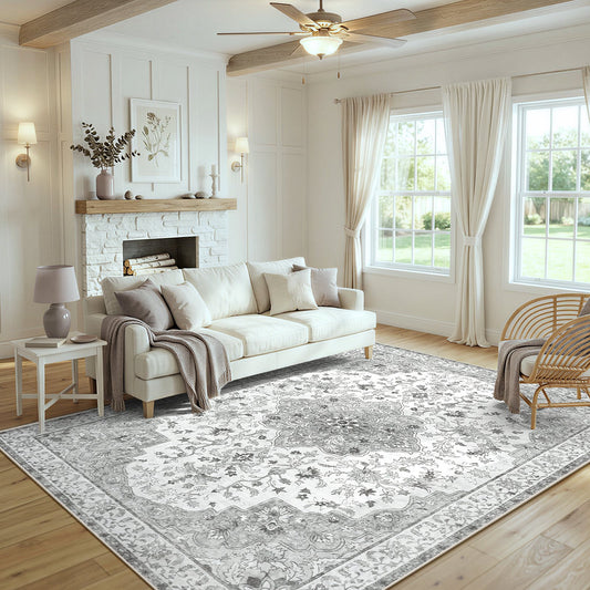 CHITOOMA 5'x7' Machine-washable Area Rugs for Living Room, Stain Resistant Non-Shed Carpet, Boho Floral Area Rugs with Non-Slip Backing for Bedroom, Dining Room, Dorm, Office