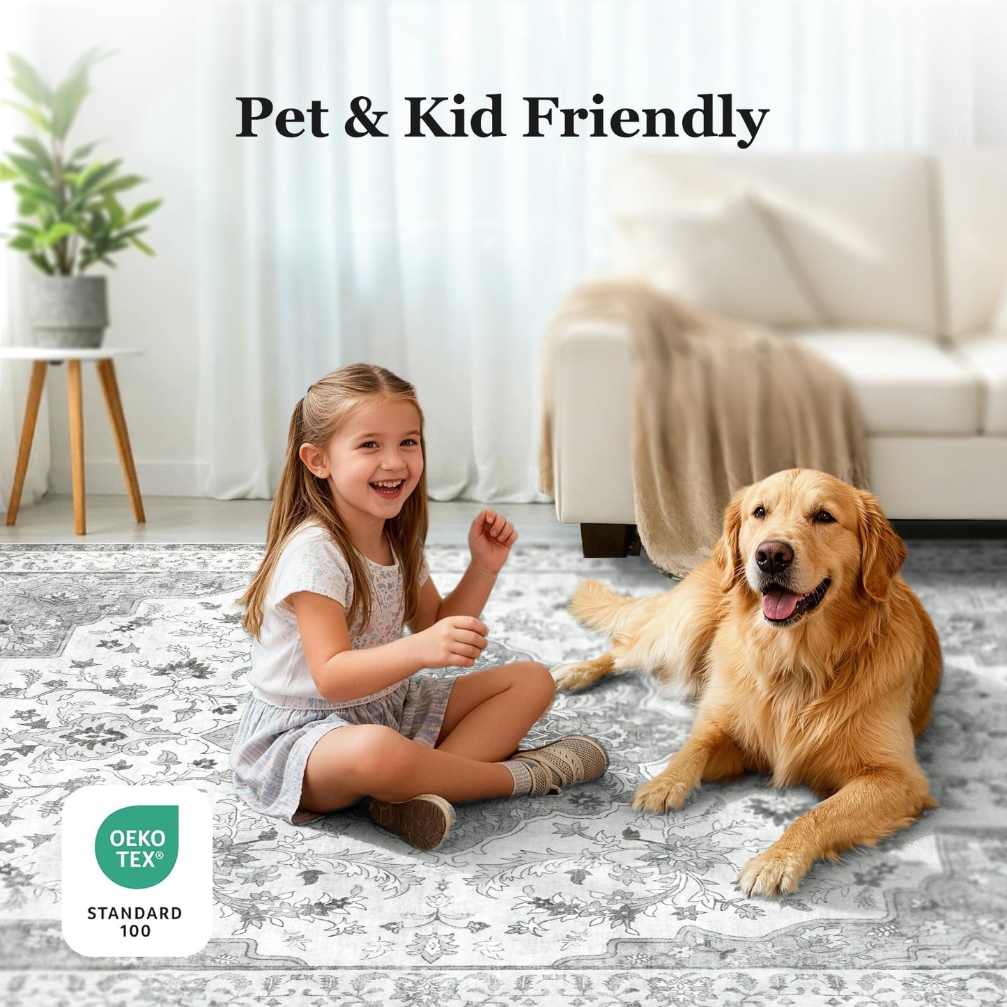 CHITOOMA 5'x7' Machine-washable Area Rugs for Living Room, Stain Resistant Non-Shed Carpet, Boho Floral Area Rugs with Non-Slip Backing for Bedroom, Dining Room, Dorm, Office